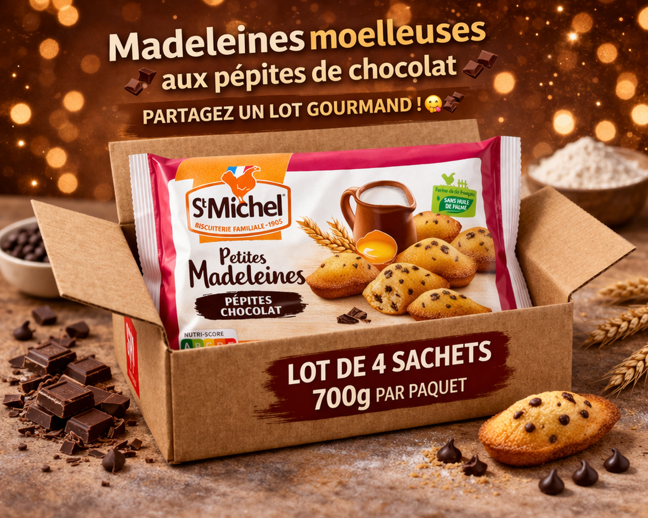 Petites Madeleines St Michel Pépites de Chocolat – Lot de 4 (700g)