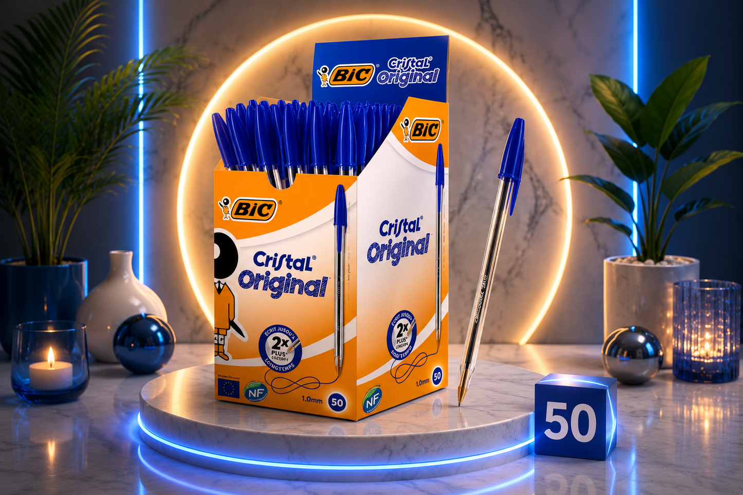 BIC Cristal Original – Boîte de 50 Stylos à Bille Bleu – Pointe Moyenne 1,0 mm