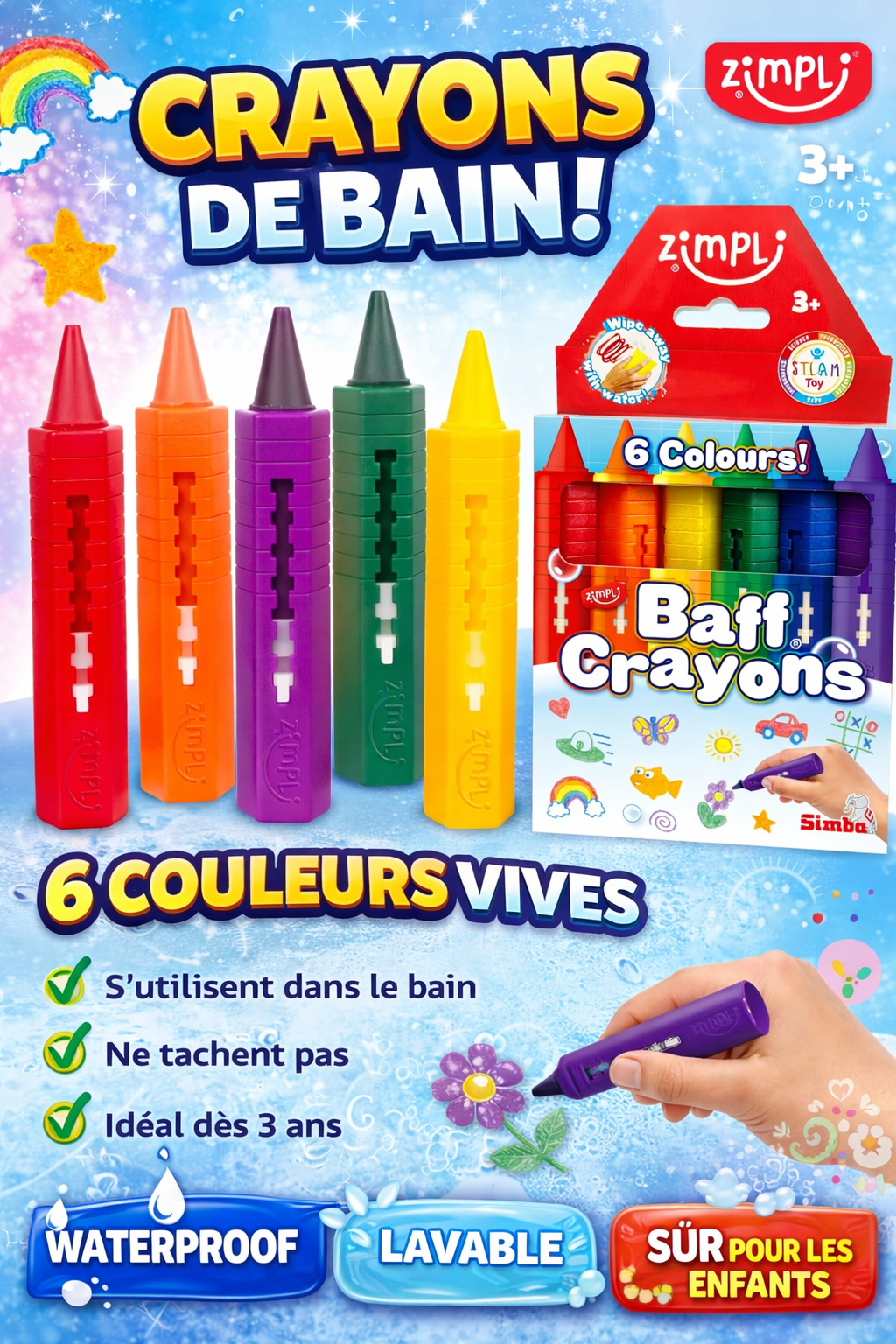 Crayons de Bain Enfant – 6 Couleurs Lavables