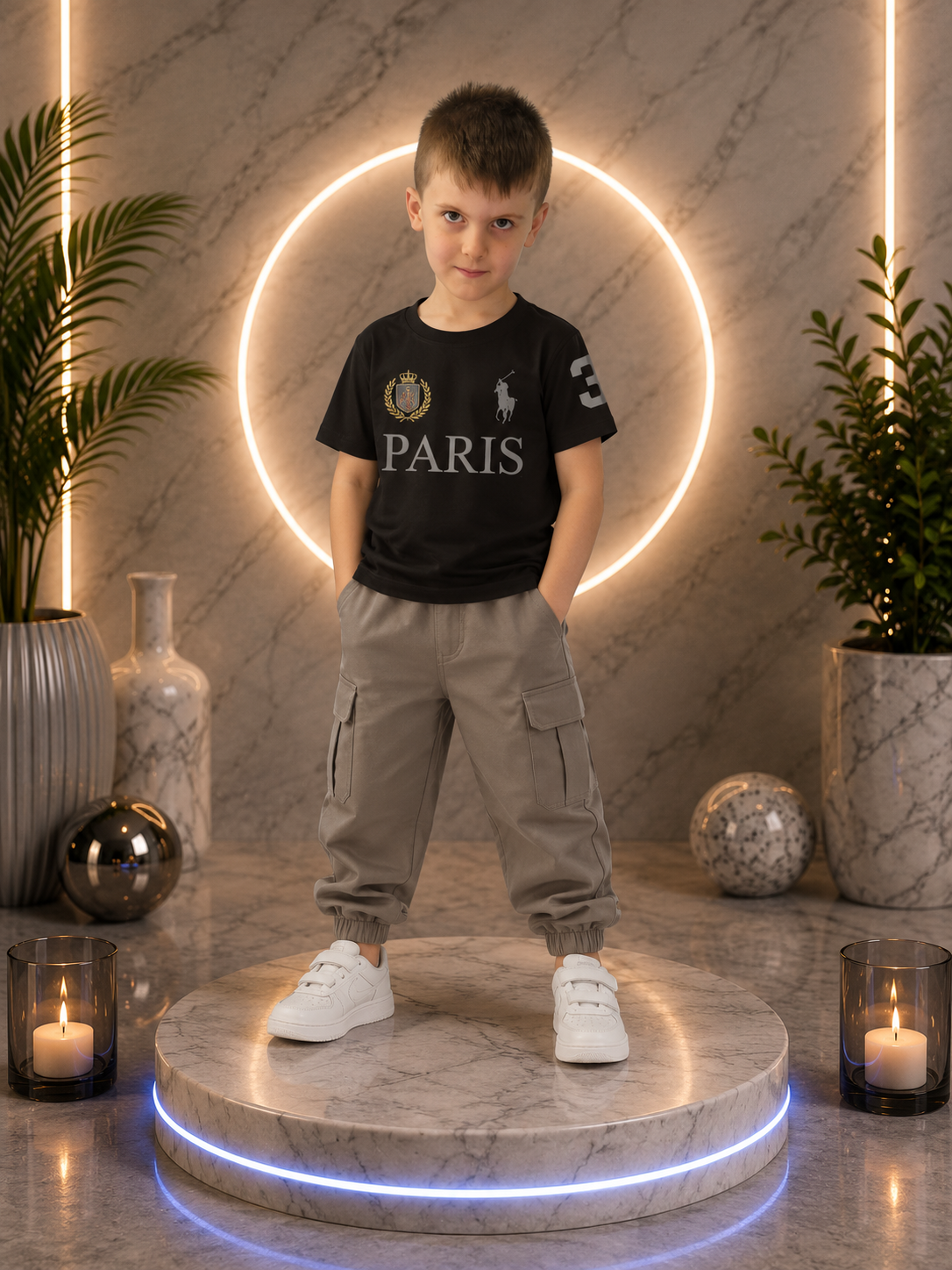 Ensemble enfant « PARIS » – T-shirt noir & Pantalon cargo gris