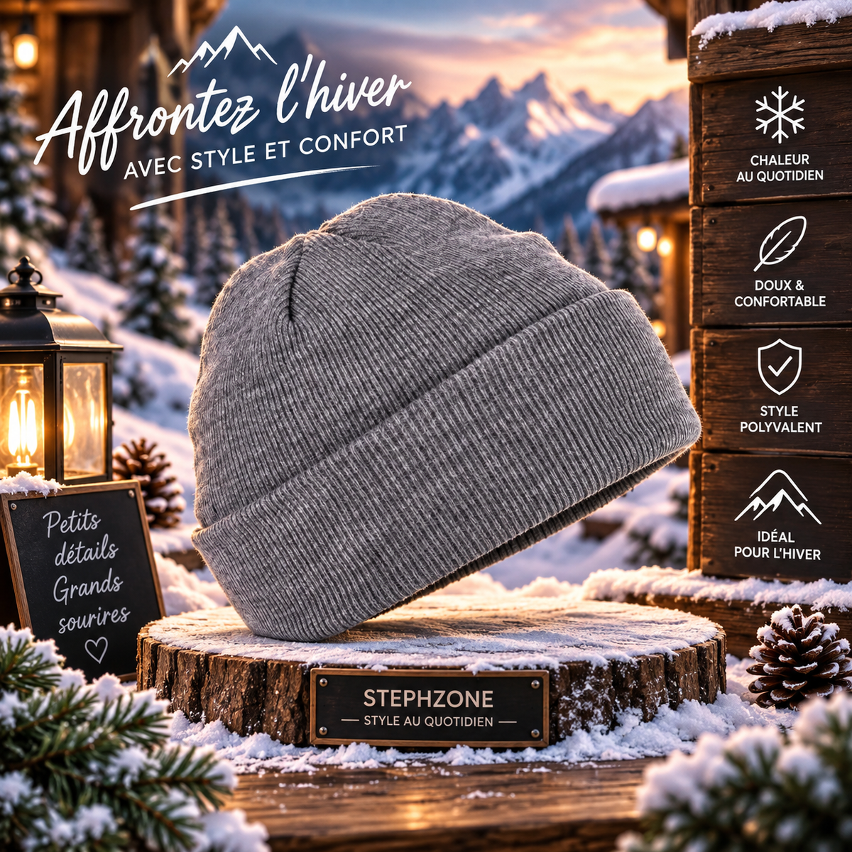 Bonnet d’Hiver Gris en Maille avec Revers – Style Classique