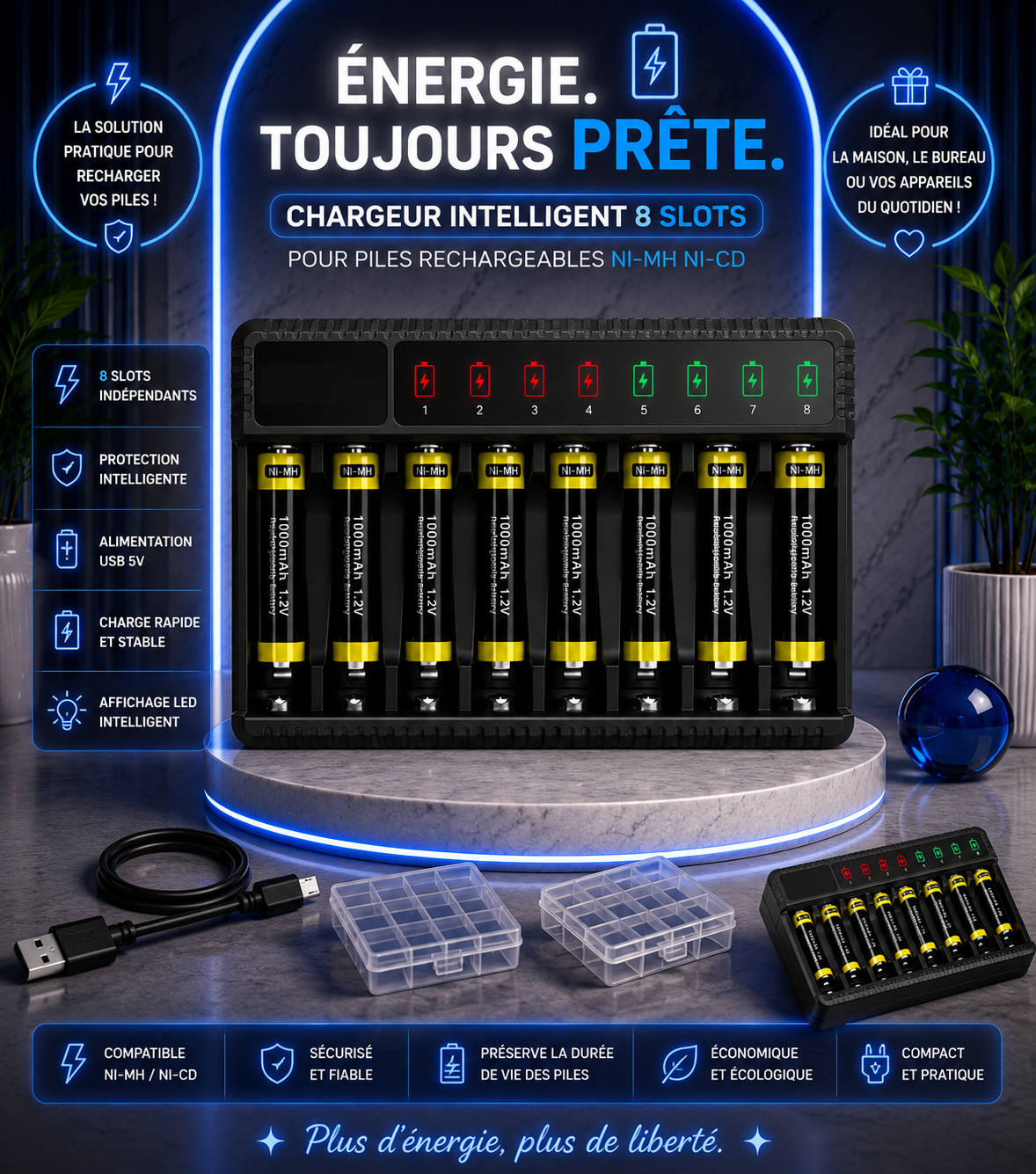 Chargeur intelligent 8 slots pour piles rechargeables