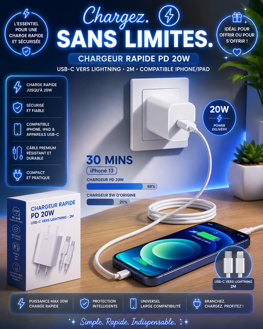 Chargeur Rapide PD 20W avec Câble Lightning / USB-C
