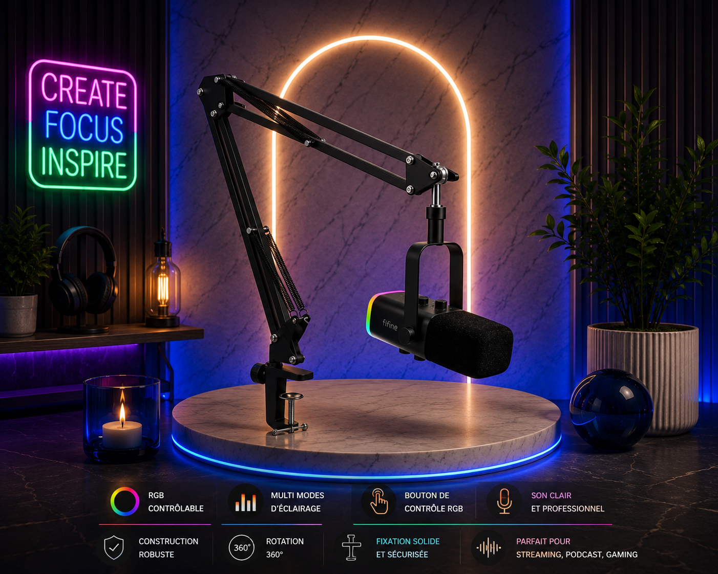 Kit Micro Gaming XLR/USB avec Bras Articulé RGB