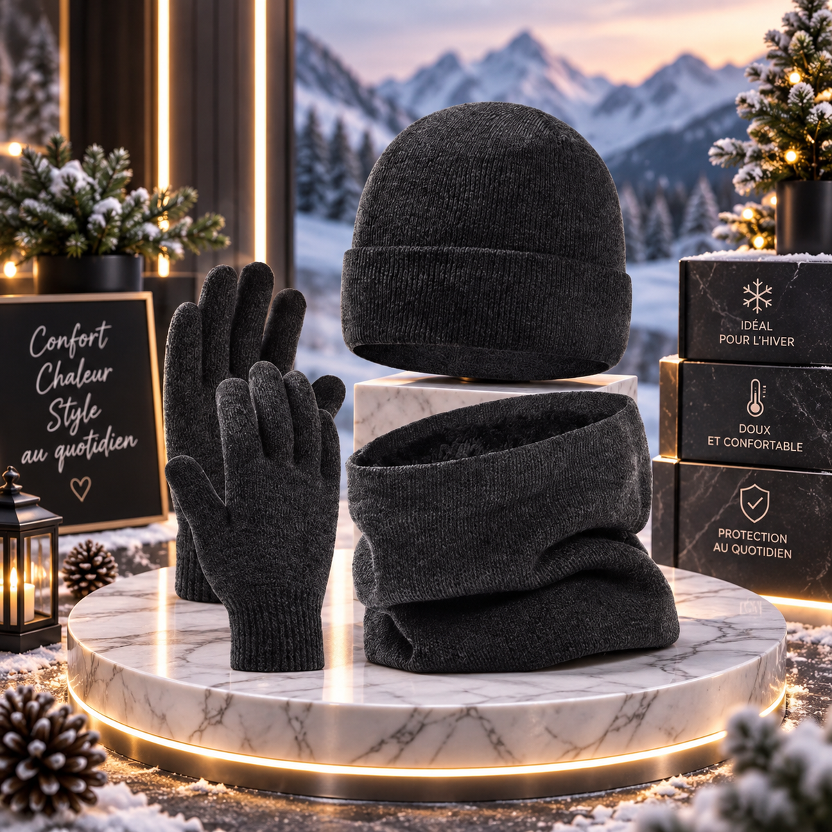 Ensemble Hiver 3 Pièces Bonnet, Gants & Tour de Cou – Noir/Anthracite