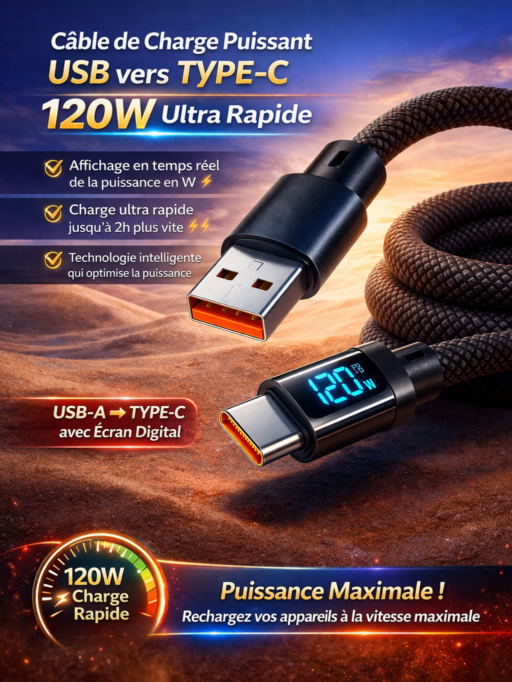 Câble USB-A vers Type-C 120W