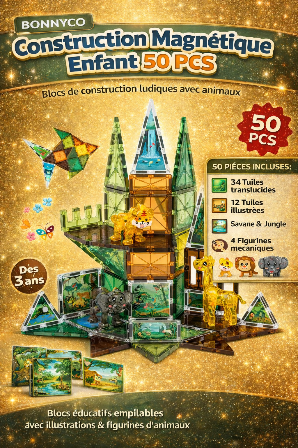 Construction Magnétique Enfant 50 PCS – Animaux Jungle