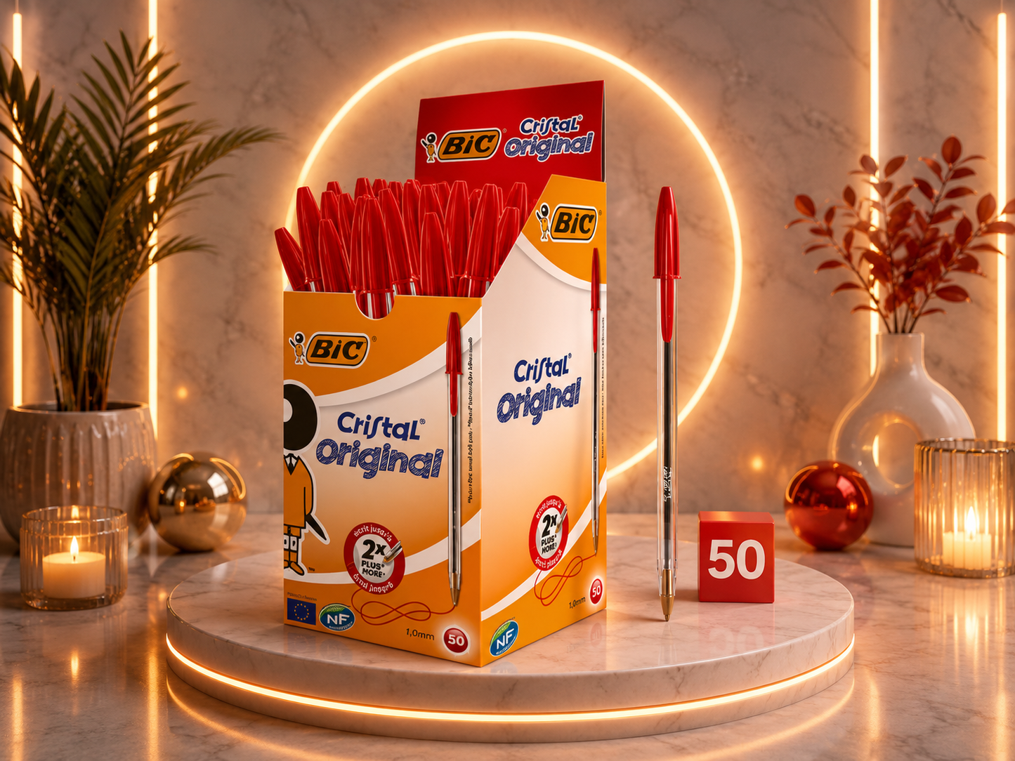 BIC Cristal Original – Boîte de 50 Stylos à Bille Rouge – Pointe Moyenne 1,0 mm