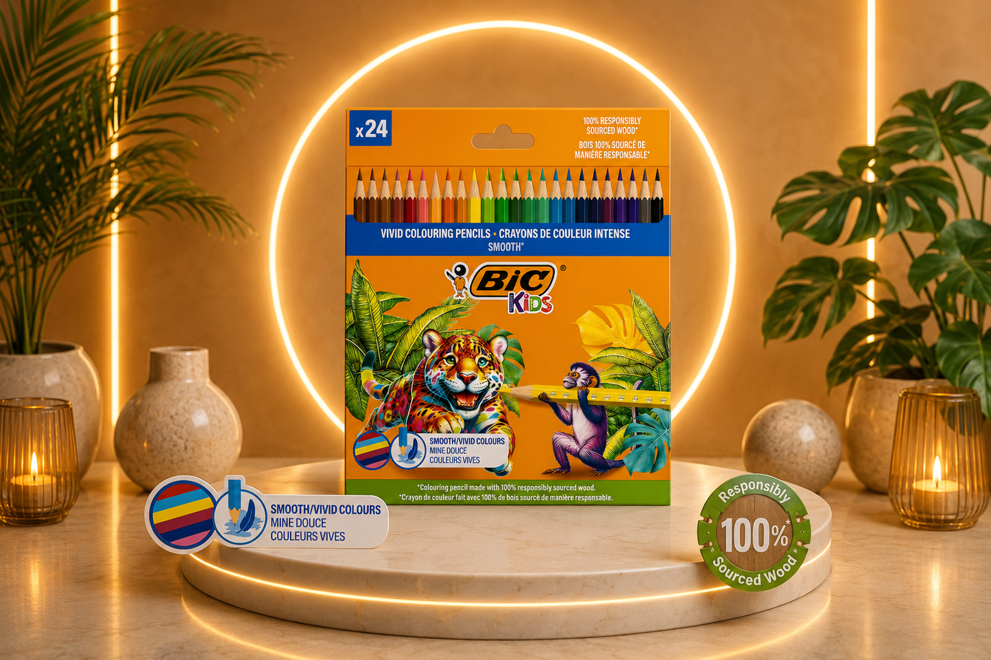 BIC Kids Crayons de Couleur – 100% Bois Responsable - Étui de 24 Couleurs Assorties