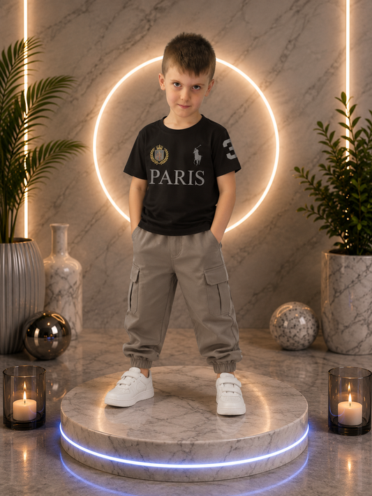 Ensemble enfant « PARIS » – T-shirt noir & Pantalon cargo gris
