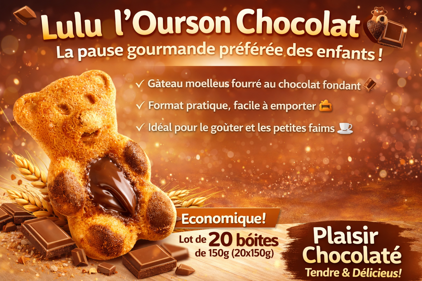 Lulu l’Ourson Chocolat  – Gâteaux Moelleux Fourrés (Lot 20 x 150g)