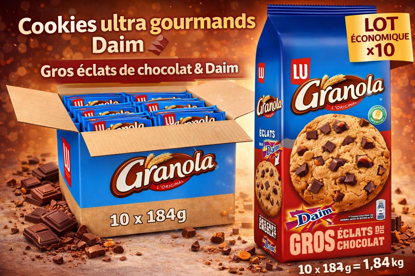 Granola Extra Cookie Chocolat & Daim – Lot de 10 Sachets (184g)