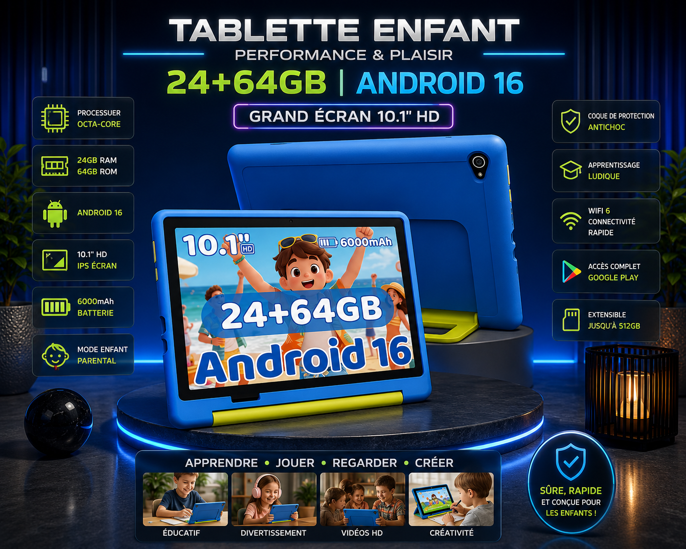 Tablette Enfant 10.1" Android 16 – 24 Go RAM + 64 Go Stockage