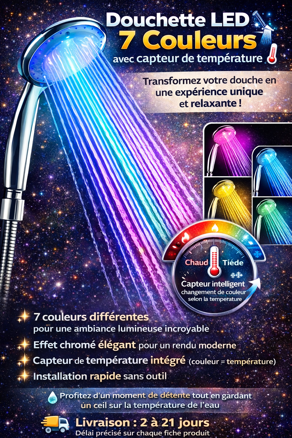 Douchette LED 7 Couleurs – Capteur Température Intelligent