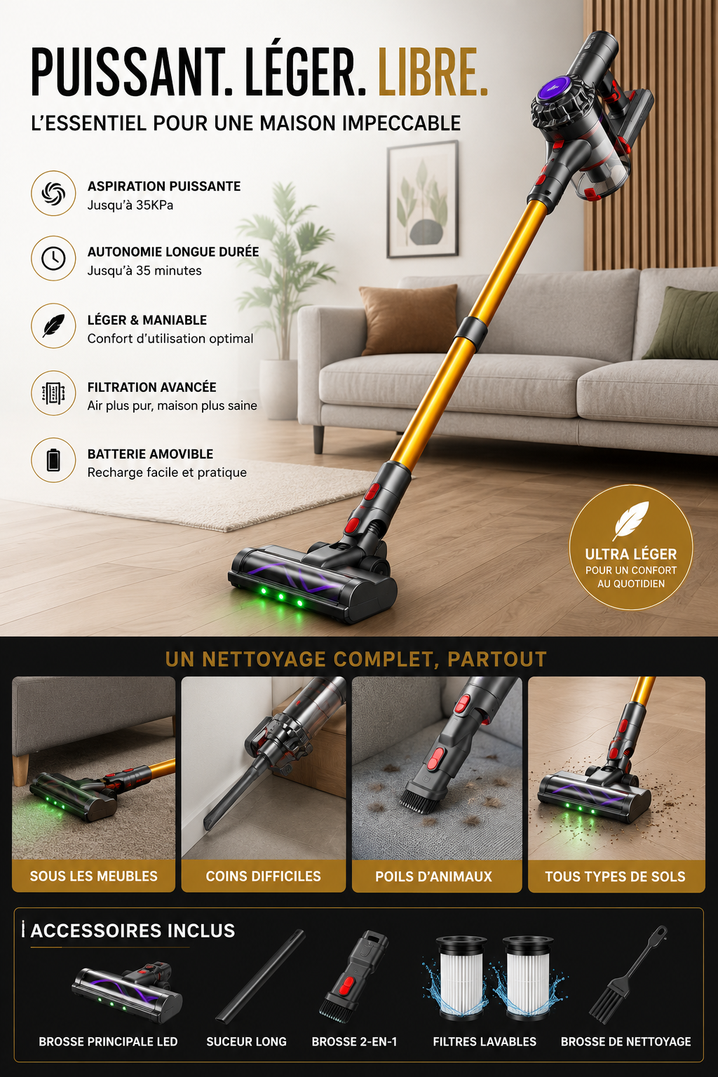Aspirateur Balai Sans Fil Multifonction – Puissant & Léger