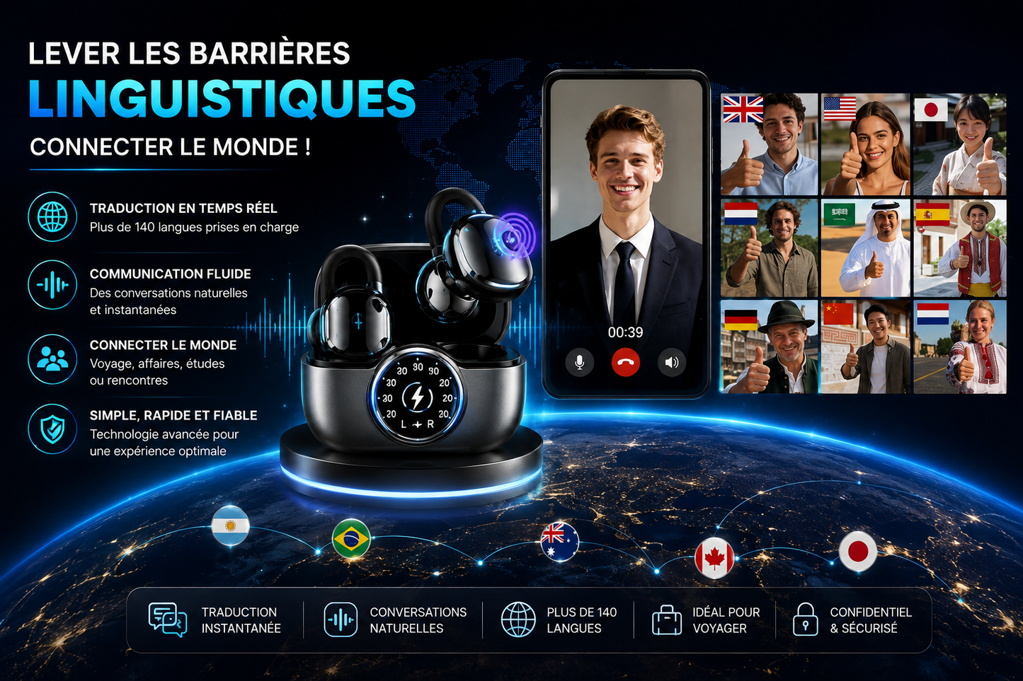 Écouteurs Bluetooth IA avec Traduction en Temps Réel – 140+ Langues