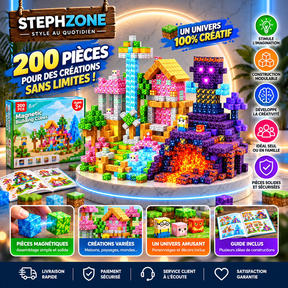 Cubes de Construction Magnétiques 200 Pièces – Jeu Créatif Univers Pixel