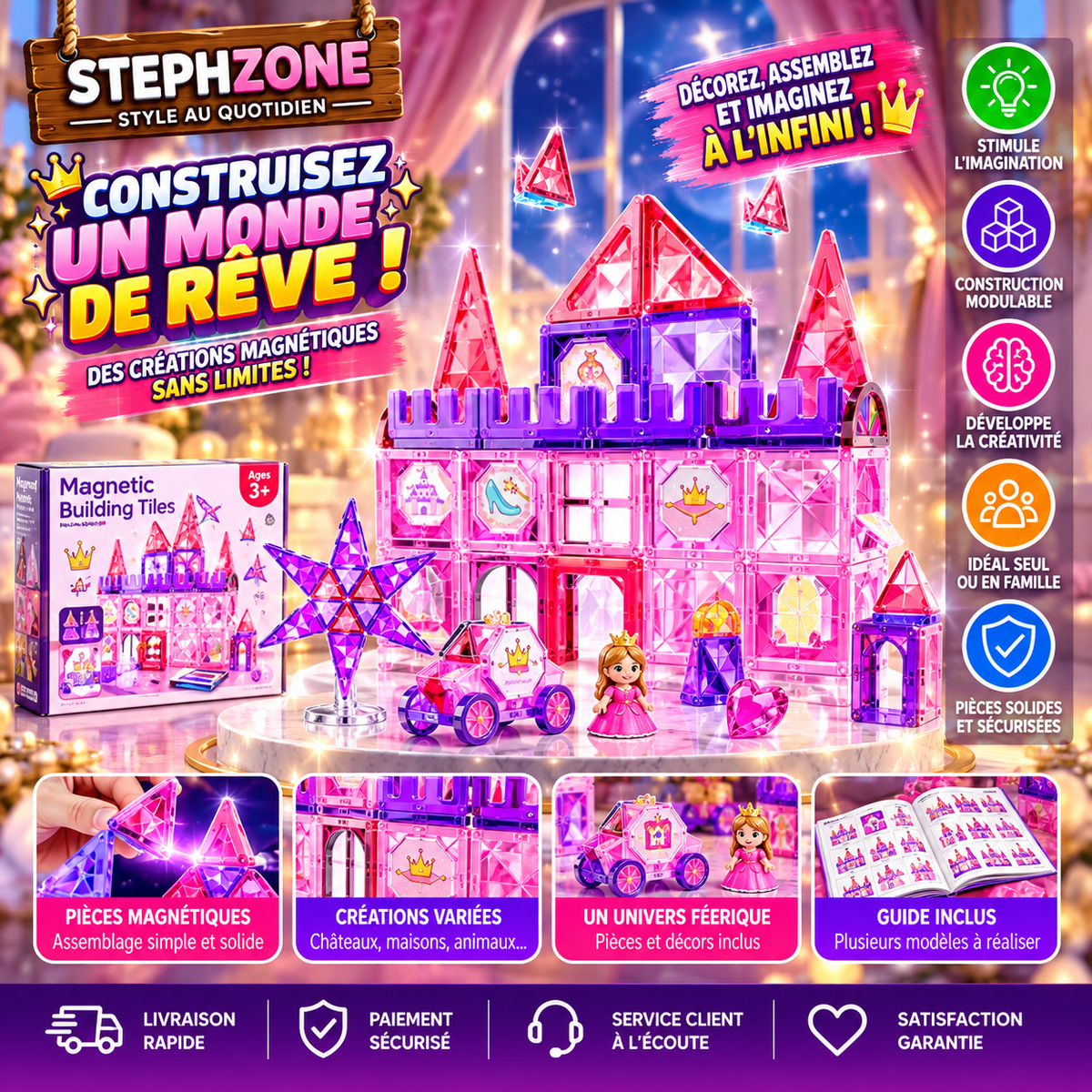 Château Magnétique Princesse – Jeu de Construction Créatif Rose & Violet – 3 ans+