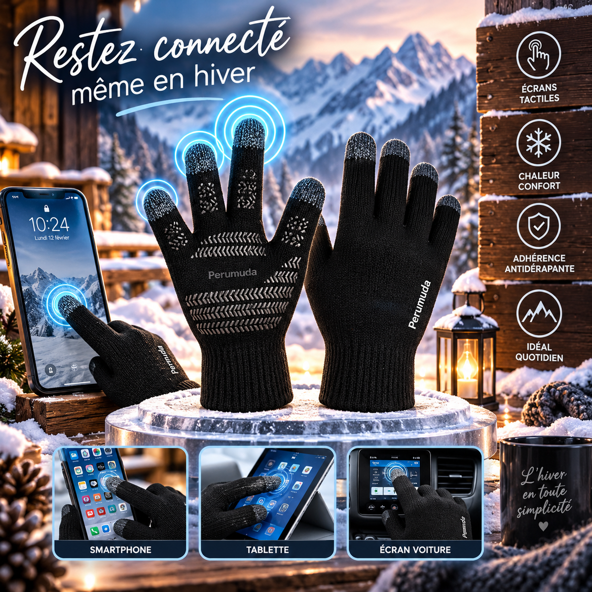 Ensemble Hiver 3 Pièces – Bonnet Fourré, Gants Tactiles & Tour de Cou – Noir