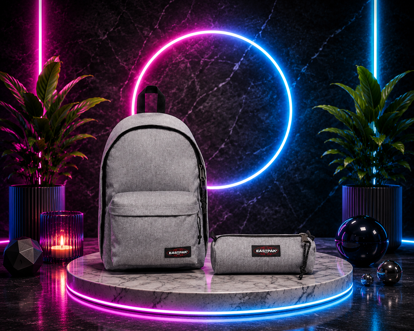 Sac à dos Eastpak gris avec trousse assortie