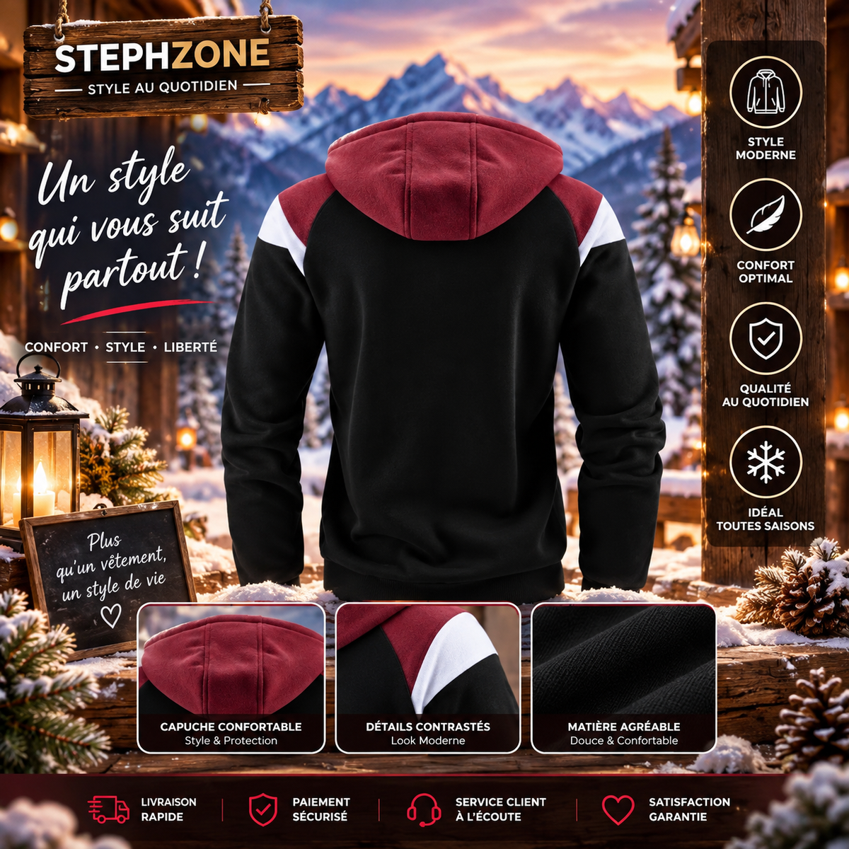 Ensemble Jogging 2 Pièces – Sweat Zippé à Capuche & Pantalon – Noir/Bordeaux