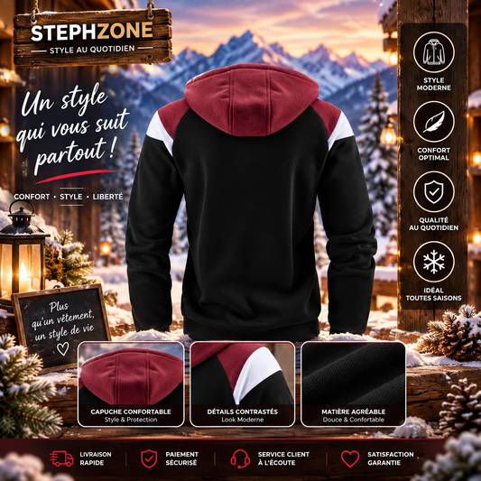 Ensemble Jogging 2 Pièces – Sweat Zippé à Capuche & Pantalon – Noir/Bordeaux