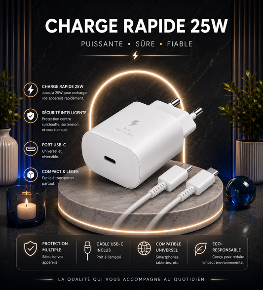 Chargeur USB-C 25W – Charge Rapide & Sécurisée