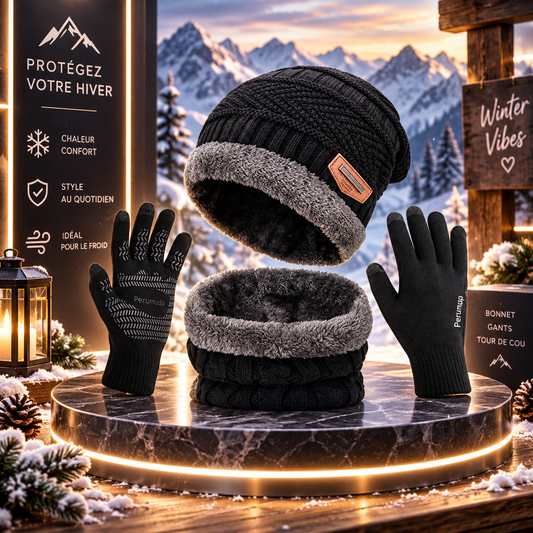 Ensemble Hiver 3 Pièces – Bonnet Fourré, Gants Tactiles & Tour de Cou – Noir