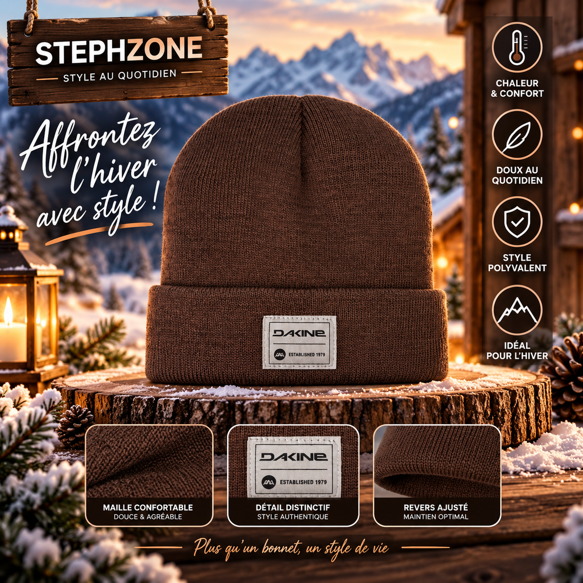 Bonnet Dakine Marron en Maille avec Revers – Style Casual