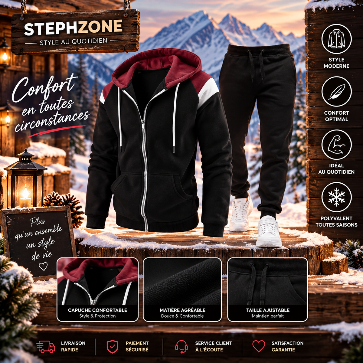 Ensemble Jogging 2 Pièces – Sweat Zippé à Capuche & Pantalon – Noir/Bordeaux