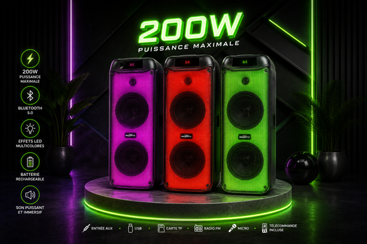 Enceinte Bluetooth Party 200W LED – Son Puissant et Ambiance Festive