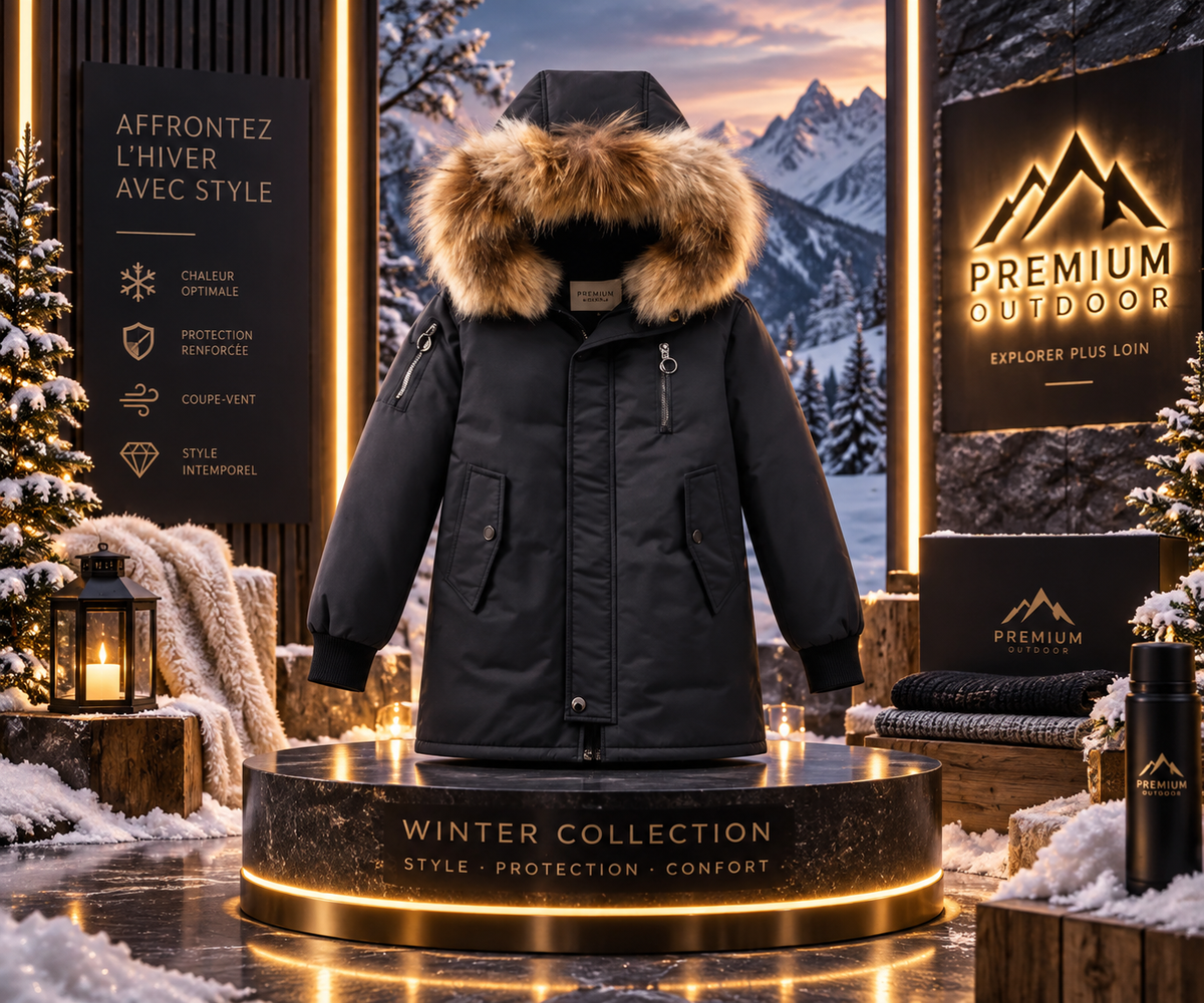 Parka Longue Noire à Capuche avec Fourrure – Hiver