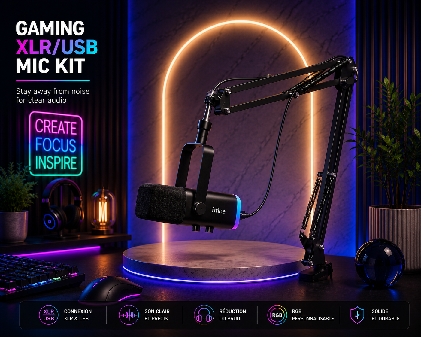 Kit Micro Gaming XLR/USB avec Bras Articulé RGB