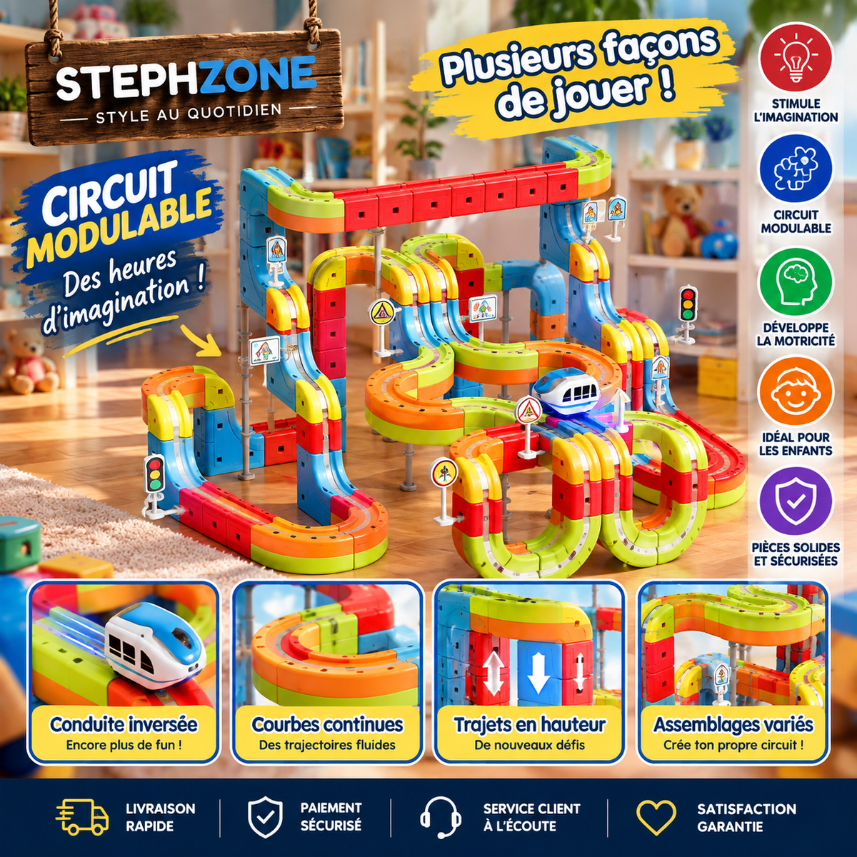 Circuit de Train Modulable 98 Pièces – Jeu de Construction Multicolore pour Enfant