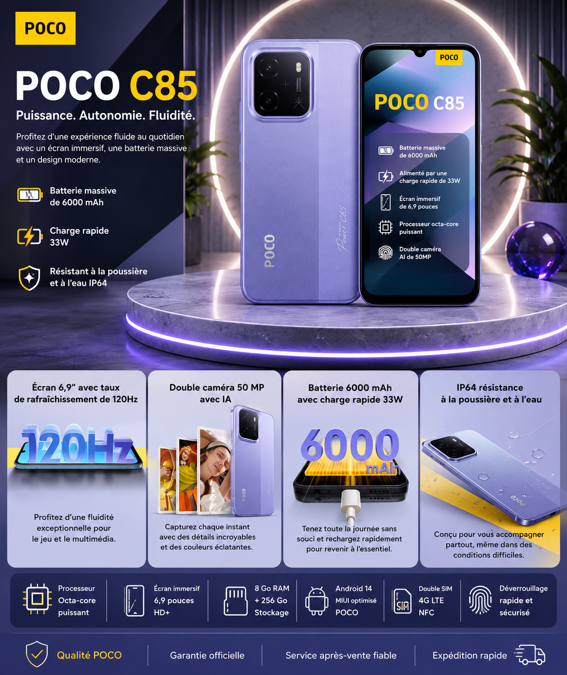 POCO C85 8Go / 256Go – Smartphone Grand Écran et Grande Autonomie