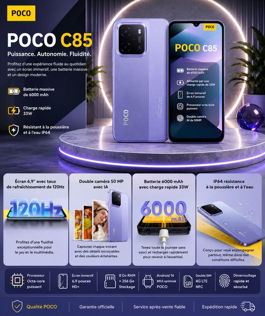 POCO C85 8Go / 256Go – Smartphone Grand Écran et Grande Autonomie