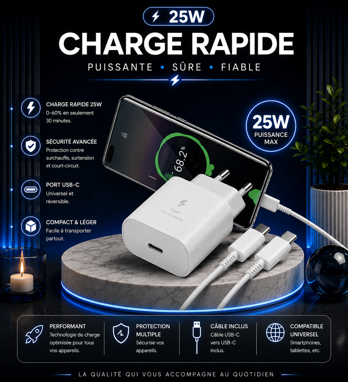 Chargeur USB-C 25W – Charge Rapide & Sécurisée