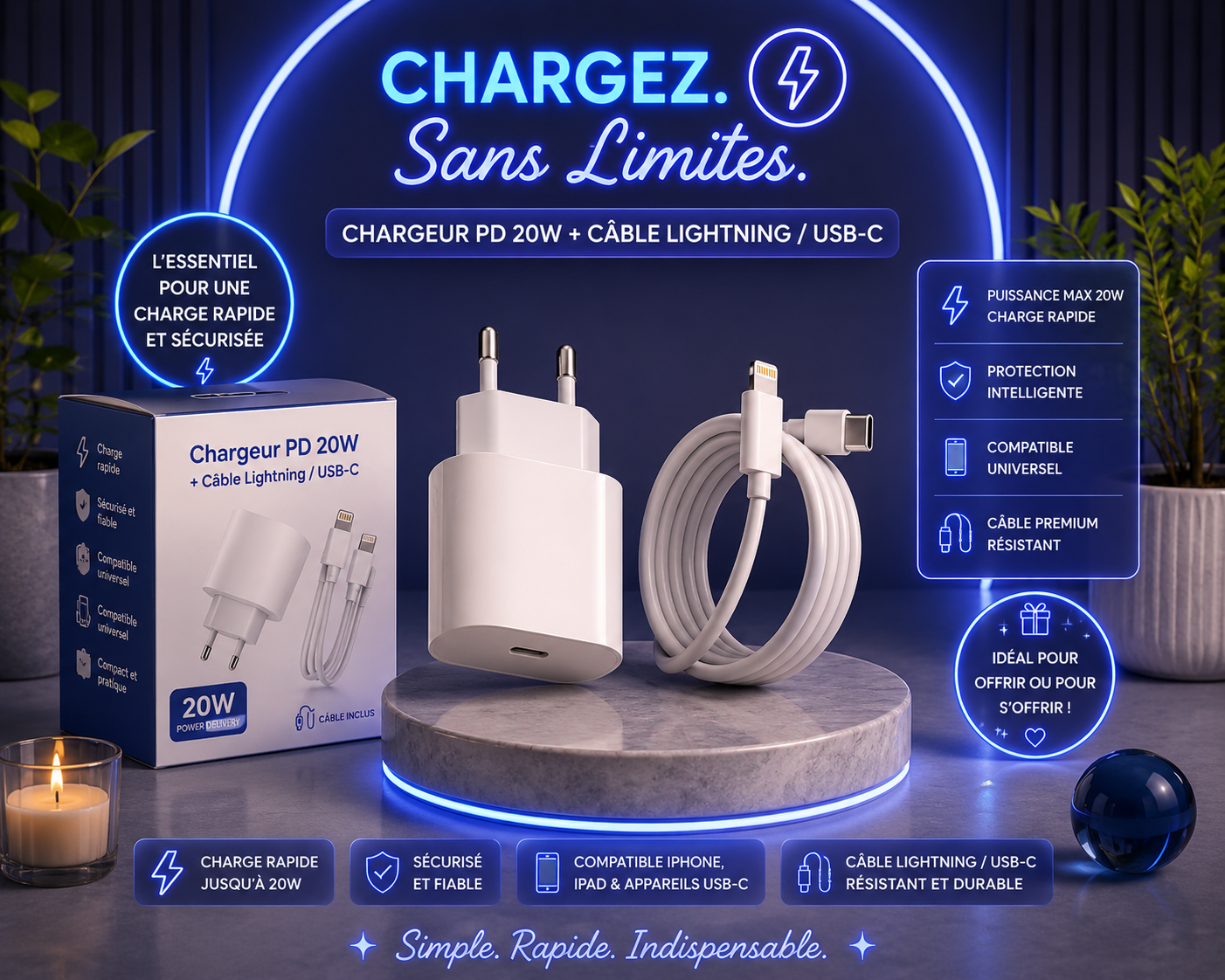 Chargeur Rapide PD 20W avec Câble Lightning / USB-C